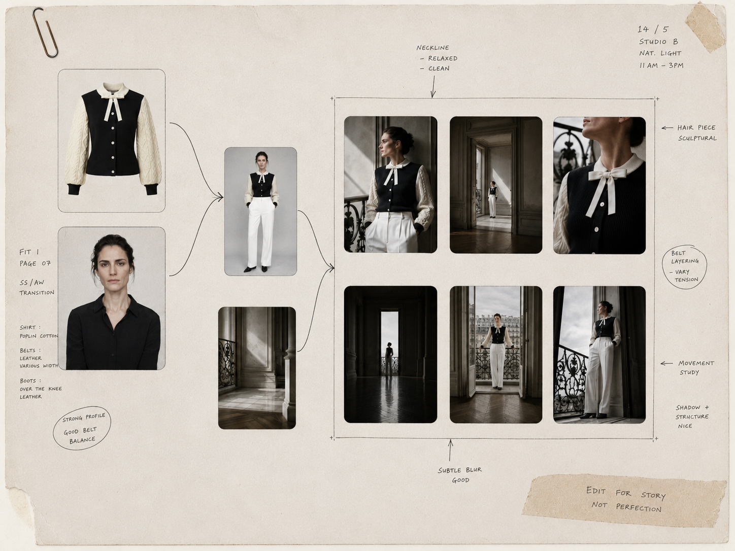 Art-direction board: a defined cast, world and styling feeding a grid of consistent campaign images
