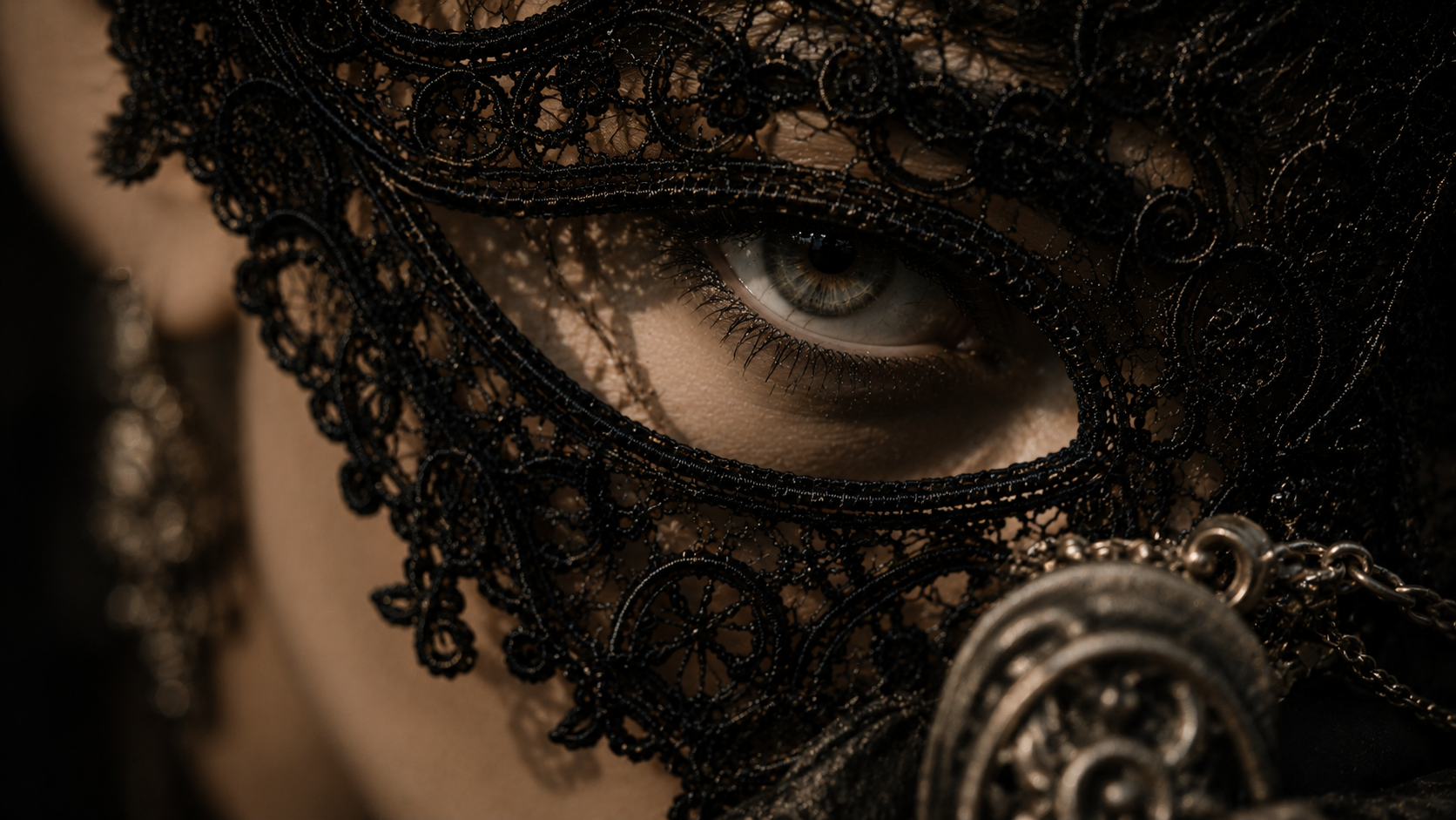 Macro beauty portrait behind an ornate black lace veil