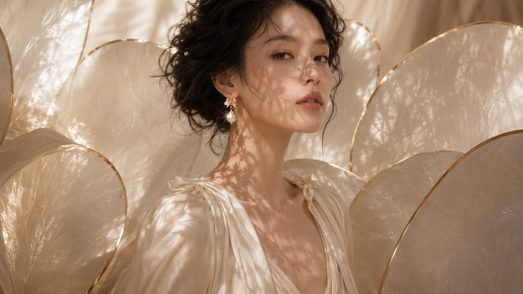 Model in cream silk amid pale shell forms and diffused light