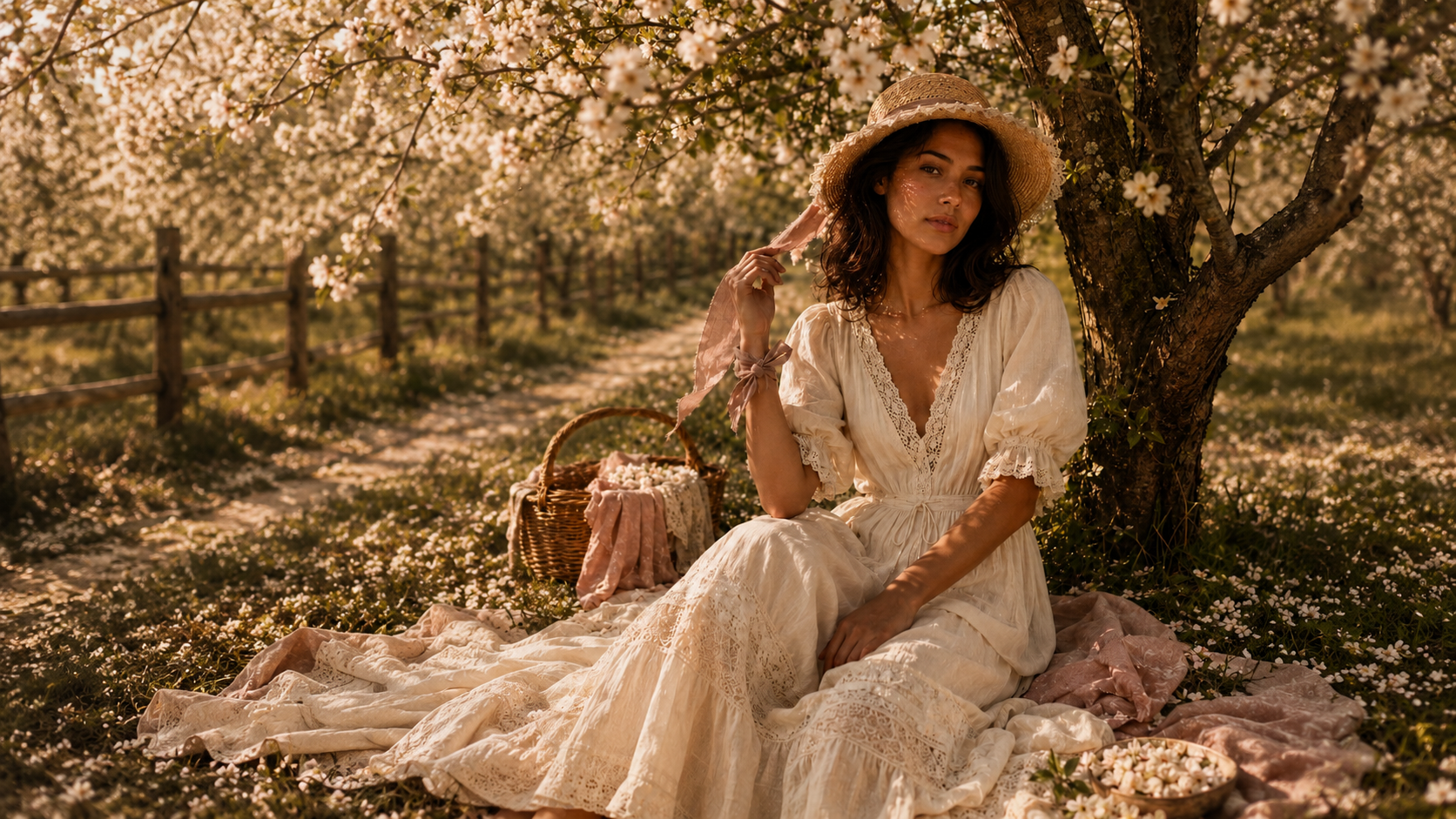 Model in white lace in a sunlit orchard with a flower basket
