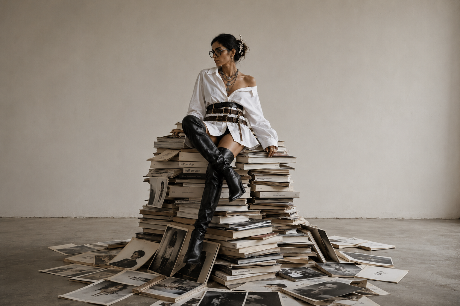 Figure poised on a mountain of photographic prints in a bare gallery