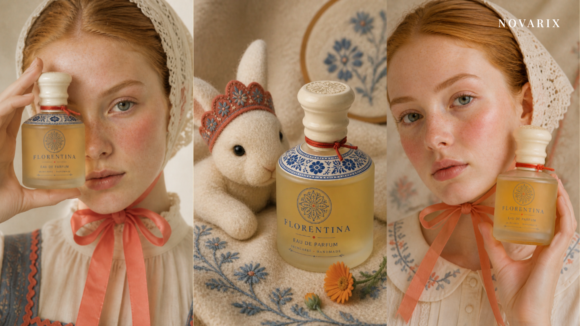 Florentina eau de parfum styled with a model in a lace bonnet and a felted rabbit toy on embroidered wool