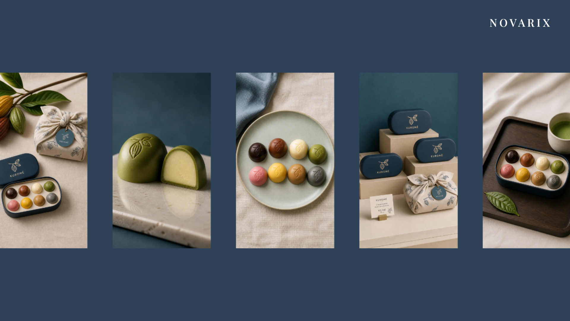 Kuromé bonbon packaging and chocolates arranged across five styled product shots
