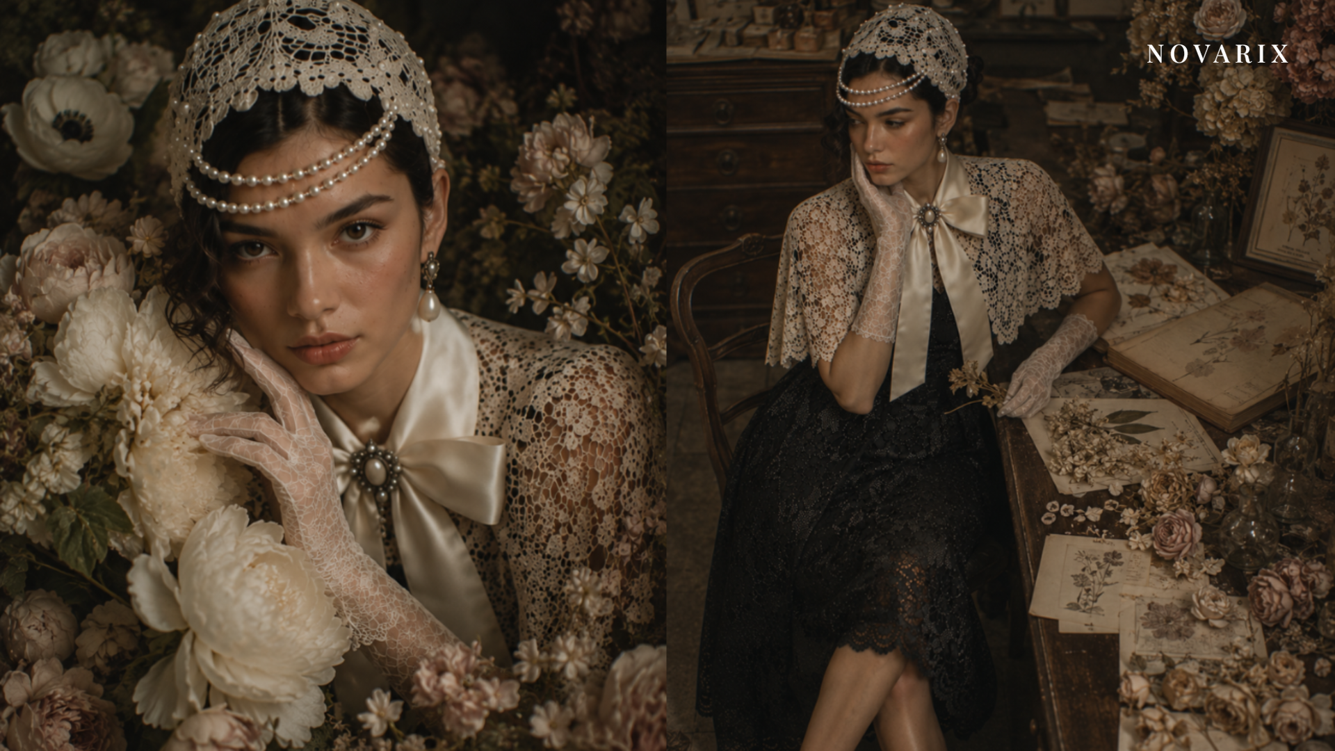 Model in lace headpiece and pearls beside a model in a black lace dress and satin bow, amid roses